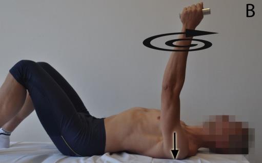Øvelse 3 Utgangsstilling: Ligg på ryggen med bøyde knær og med en liten vekt i hånden (A).