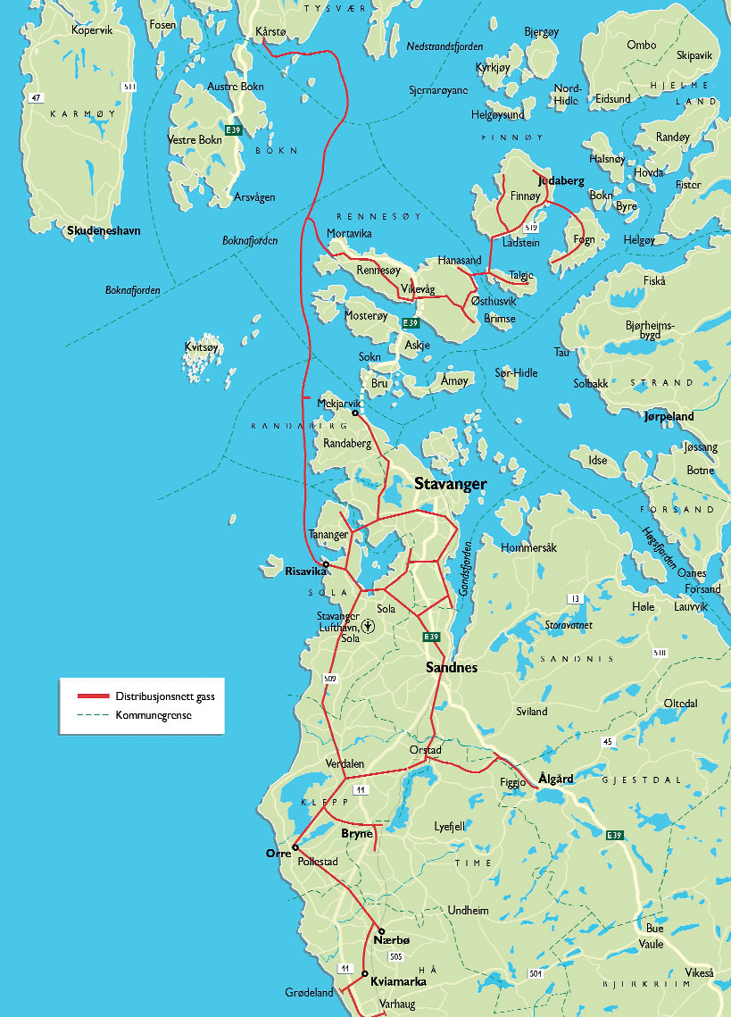 Lokal energiutredning 2009 - Stavanger kommune 3.1.3 Gass Fra Kårstø til Risavika og videre til Stavanger er det etablert et landbasert distribusjonsnett for gass.