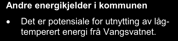 5.6 Andre energikjelder Det har vore utgreidd eit fjernvarmenett i Voss sentrum/ Vossevangen, men planane er grunna høge kostnader og usikre rammevilkår no lagt bort inntil vidare.