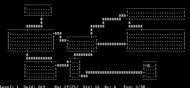 (Skjermbilde av Rogue. På bilde kan man se ASCII fonten brukt som grafikk og man får en følelse av koridorene og rommene man må utforske. Bildet er hentet fra wikipedia.