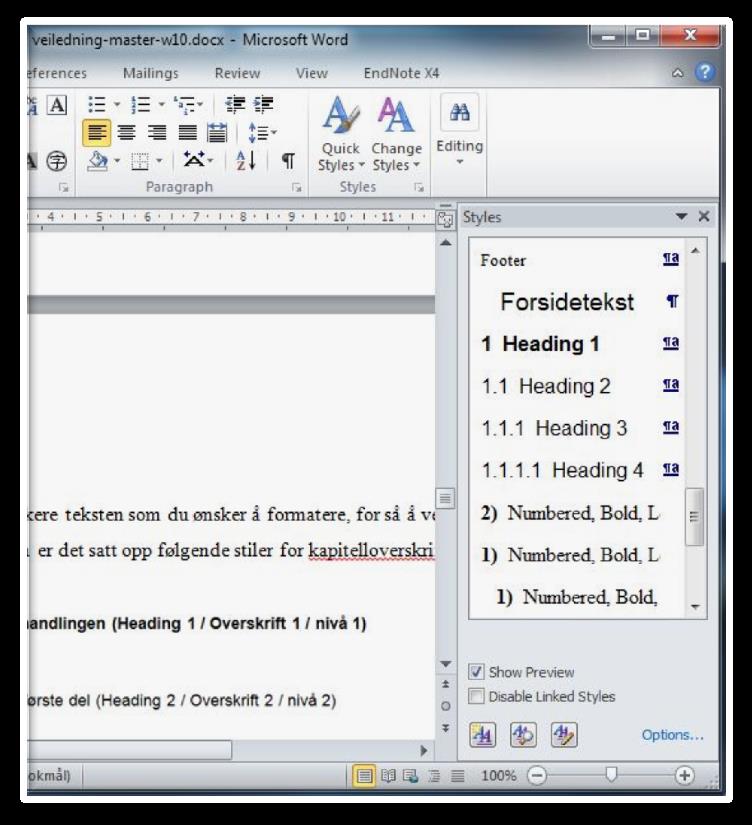 4.1.1 Bruk av stiler I malen vil du finne en rekke stiler, som f.eks. Heading 1 / Overskrift 1.