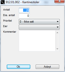 Figur 29: Eksempel på en utstyrsliste Figur 30: Endre antall, eksisterende antall, prioritet og eier på forekomsten. Slett alle sletter alle artiklene i utstyrslisten.