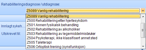 Felt 34 Ut-diagnose Rehabilitering sdiagnose Diagnosekode satt av opptreningsinstitusjonen: Primært skal kode Z5080 eller Z5089 anvendes hvis kravene for bruk av disse er oppfylt. Her gjelder bl.a. følgende regler: Personalia/ Serier: Z5080 Kompleks rehabilitering: Krav om 6 helsefaggrupper involvert i behandlingen.