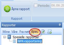 Kjøre ut rapport NPR-rapportering er tilgjengelig i Extensor Rapportering, og befinner seg under Spesielle rapporter. Klikk på den, og velg Åpne rapport.