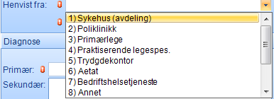 Felt 11 Henvist fra Hvor er pasienten henvist fra? Henvisende instans letes opp i Kontakt- registeret: 1) Sykehus (avdeling) 2) Poliklinikk 3) Primærlege /kommunelege 4) Praktiserende dr.