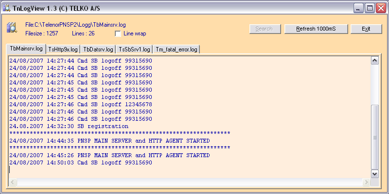 10.2 File 10.2.1 View Logfiles Ved å velge File->View Logfiles er det mulig å få en detaljert oversikt over hva som skjer på serveren.