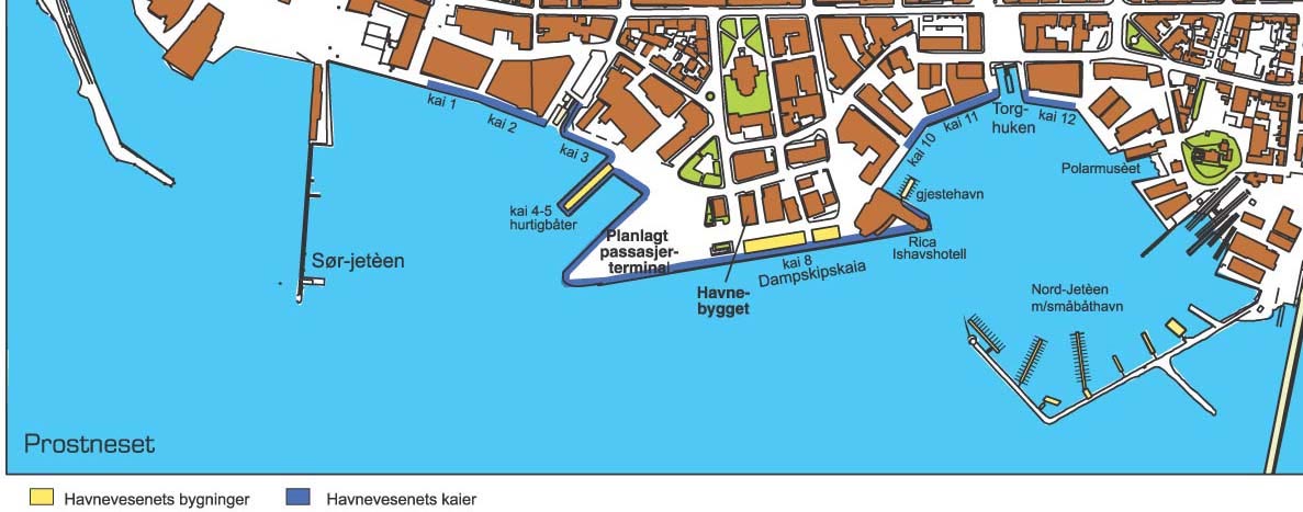 Figur 2. Det sentrale havneområdet i Tromsø (Figur fra Tromsø havn). Figur 3. Havneanlegget i Breivika (Figur fra Tromsø havn).