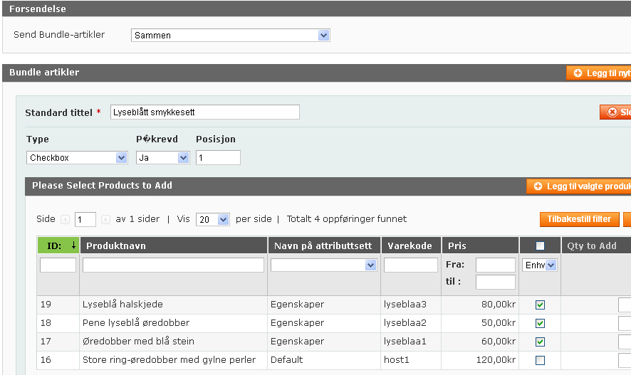 Bundle produkter Ved bundle produkter har kjøperen mulighet til å sette sammen en sett av utvalgte produkter. Du kan for eksempel ha et produkt som «Sett sammen ditt eget smykkesett».