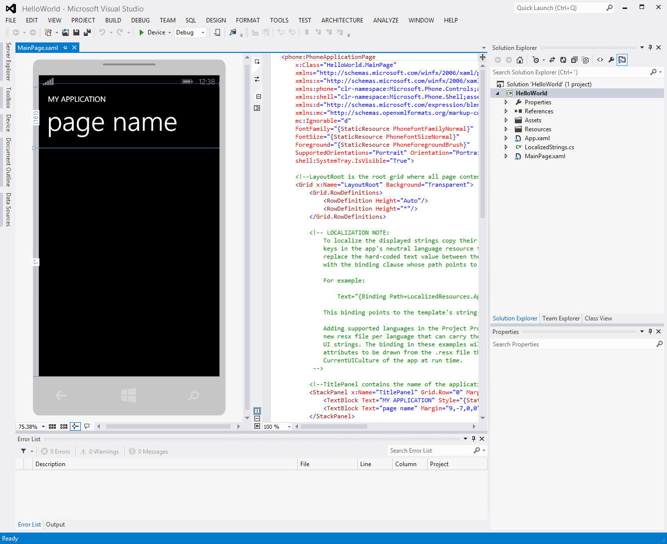 Figur 7. Applikasjonen HelloWorld for Windows Phone 8 i Visual Studio 2012 Du har nå fått opprettet alle prosjektfilene i standardmappe eller egendefinert mappe.