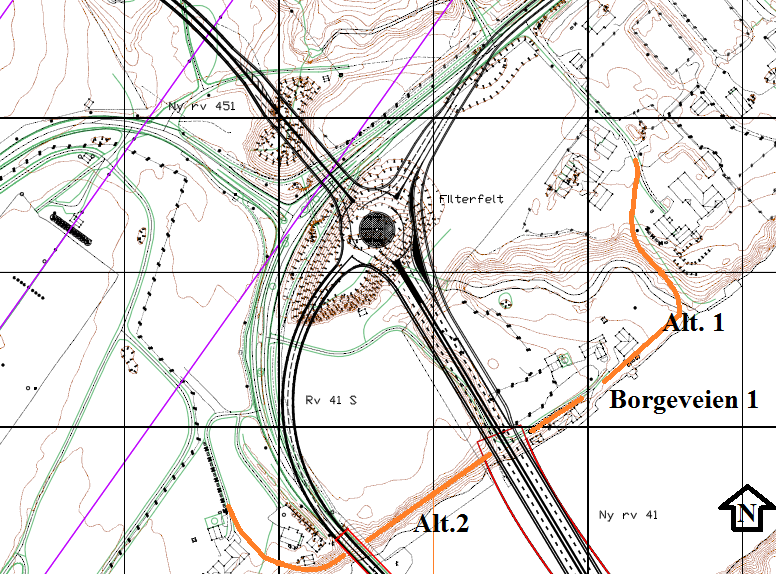 Figur 63 Prinsippskisse av gang- og sykkelveg i kryssområdet Lokalvegnett I henhold til oppgavebeskrivelse skal løsning for lokalvegnettet vises på et enkelt nivå.