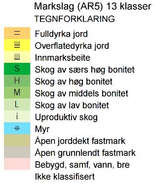 4 Markslagkart (skogoglandskap.no) I planområdet er det dels fulldyrka jord og skog av varierande bonitetsklasse.