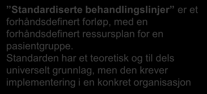 Redusert egenmestring/ bekymring Behandlingslinjer Gjenvunnet egenmestring/ redusert bekymring Vurdering Diagnostikk Standardiserte behandlingslinjer er et forhåndsdefinert forløp, med en