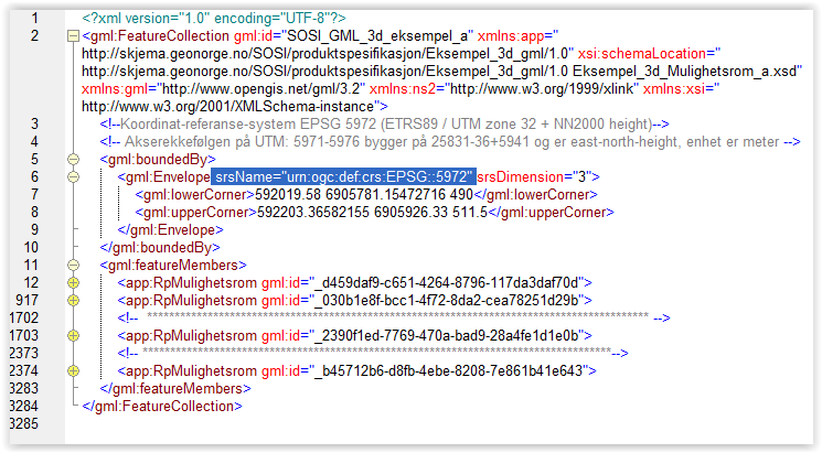 31 av 64 Vedlegg B. Om GML-formatet B.1 Strukturen på et GML datasett I GML «pakkes» objektene inn i XML-taggene gml:featurecollection.