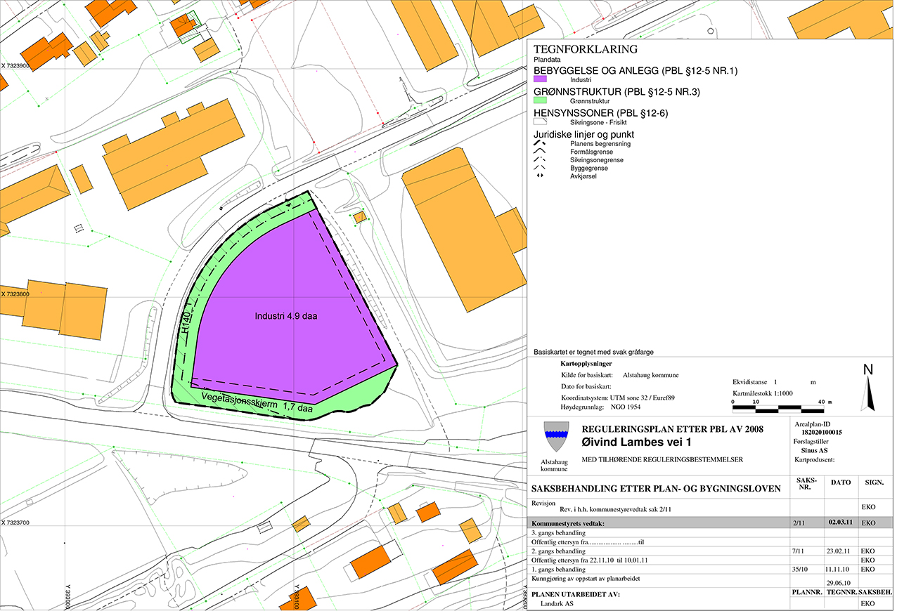 Figur 8. Reguleringsplan med planid 504215 dekker deler av prosjektområdet. Reguleringsplan for "Industriområdet Sinus" (Øyvind Lambes vei 1), vedtatt 02.03.