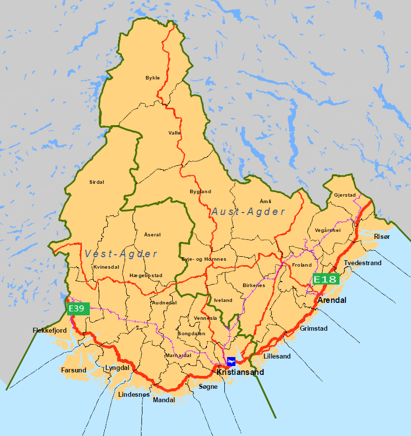 Oversiktskart Agder Kartet viser de to Agderfylkene med grønne linjer som markerer fylkesgrensene Europavegene E-18 og E-39 er merket med rød