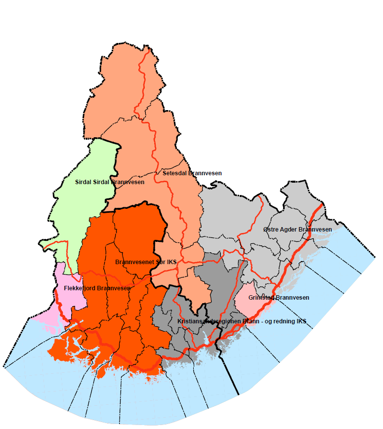 Områdeinndeling Interkommunale og kommunale brannvesen i Agder Områdeinndeling for brannvesenene i Agder 3.14.