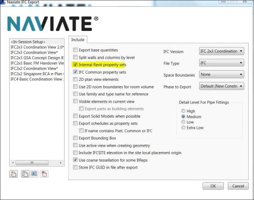 3.2.3 IFC Vi eksporterte til IFC versjon 2x3 (Revit R->Export->IFC), med oppsett som vist i skjermbildet. I Revit og Naviate er det mulig styre hva som eksporteres til IFC formatet.