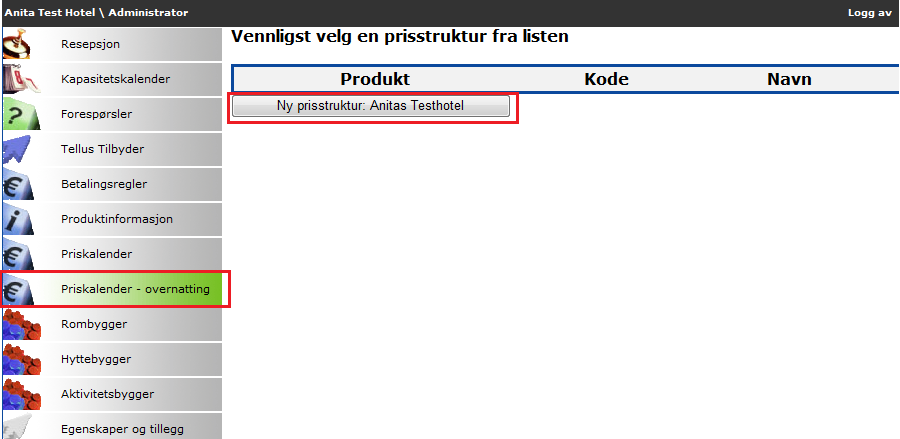 Opprette ny prisstruktur For registrering av rompriser må man alltid registrere en prisstruktur før man legger inn prisen.