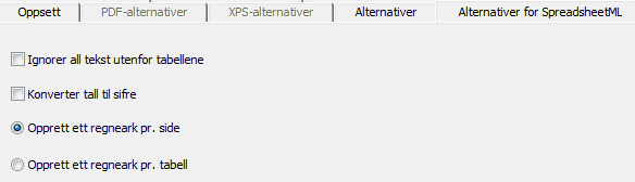 Del 9: Lagre dokumenter ALTERNATIVER FOR SPREADSHEETML Når du velger Microsoft Excel 2002, 2003, 2007, 2010 (SpreadsheetML) som utdataformat, er bestemte alternativer for SpreadsheetML tilgjengelig.