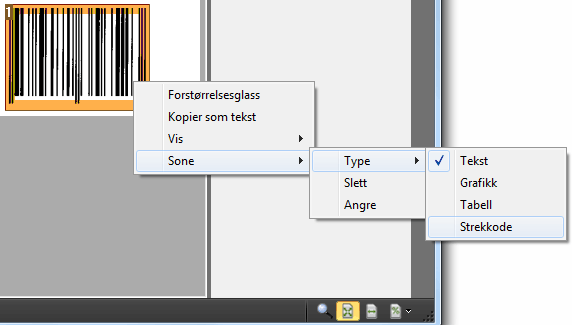 Slik gjør du ELLER høyreklikk strekkodesonene som feilaktig er gjenkjent som bilde, pek på Sone > Type, og velg Strekkode. Klikk deretter Send for å lagre eller sende dokumentet.