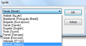 Merk: Hvis du tilfeldigvis velger feil språk, kan du klikke Ctrl+U i Readiris. Dialogboksen Språk åpnes, og du kan velge et annet språk fra listen.