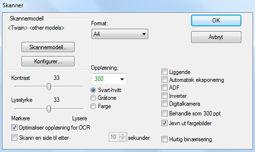 Skannerprofilen gir tilgang til funksjoner som gjelder spesielt for din skanner, for eksempel tosidig skanning (ADM).