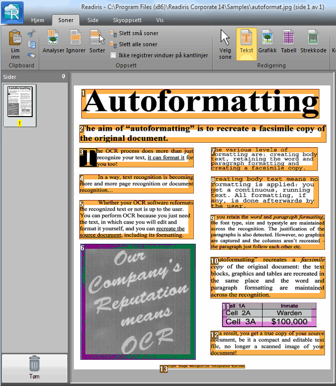 Del 8: Redigere gjenkjenningssonene Eksempel på gjenkjenningssoner Tilpasse den automatiske sideanalysen Sonene vi nevnte ovenfor, opprettes automatisk ved hjelp av alternativet Sideanalyse.