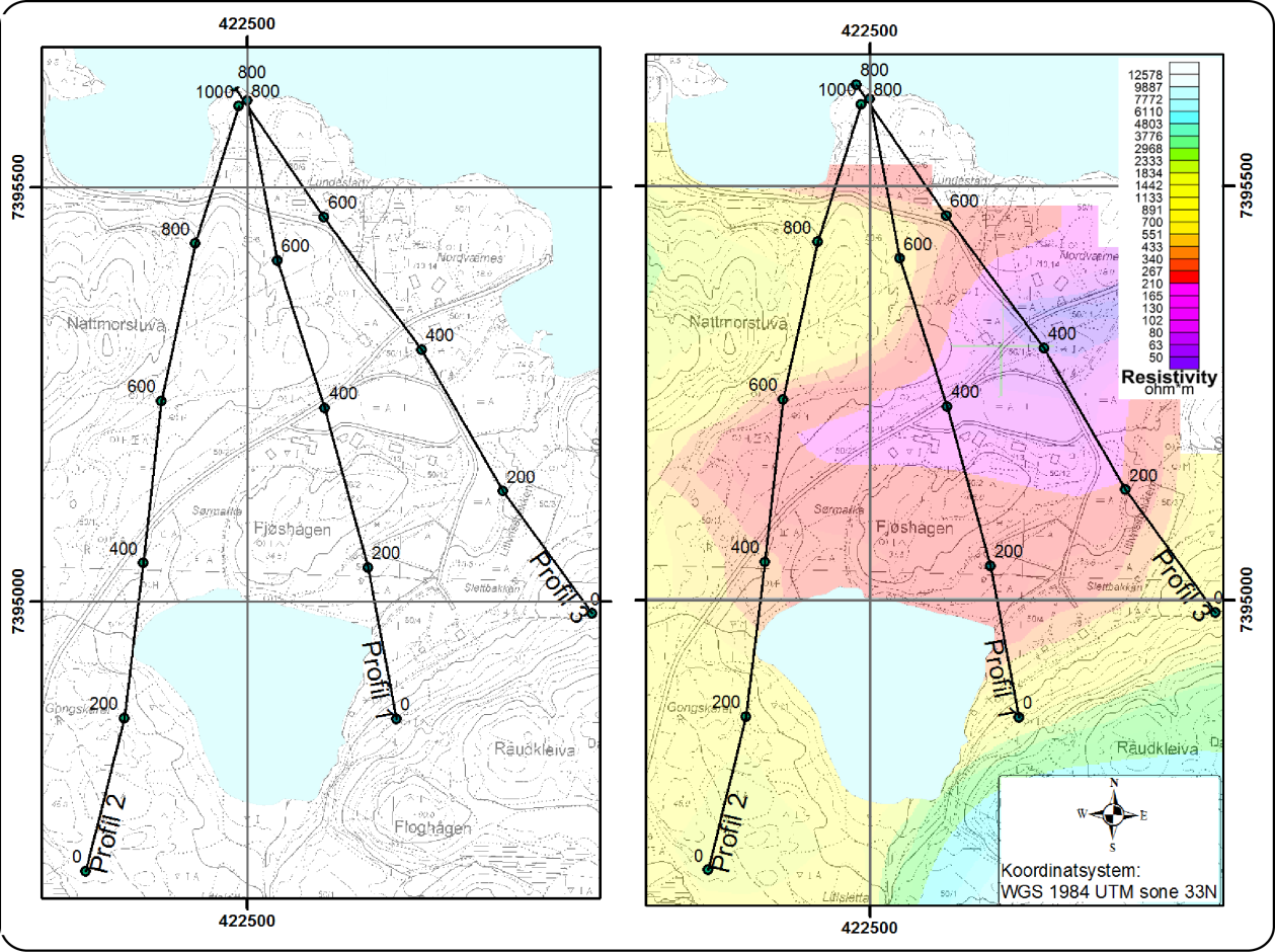 Figur 16: Oversiktskart Nord-Værnes. Målte profiler med 2D Resistivitet og Indusert Polarisasjon. Bakgrunn for figuren til høyre er tilsynelatende resistivitet beregnet fra EM-frekvens 6600 Hz.