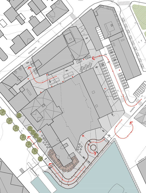 Utomhusplan for kvartalet med kjøreretning Gangpassasjen fra Strandgata mellom Saga hotell og posten videreføres i samme bredde ned til kaiområdet.