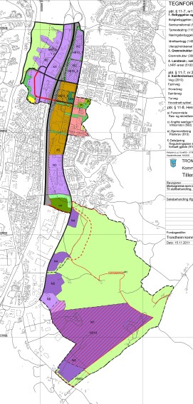 Kommunedelplan for Tiller 2014-2026 er vist på kart i målestokk 1:15 000, merket rådmannens forslag datert 15.11.