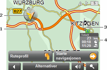 1 Destinasjonen er merket med et flagg. Når du viser en rute du har planlagt eller hentet, er startpunktet og alle rutepunktene merket med et flagg. 2 Ruten er markert med oransje.
