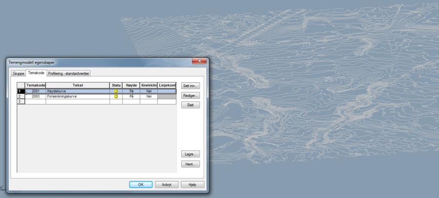 Kartet er importert inn i Autodesk Civil 3D med Novapoint veg utvidet -modul der hvor terrenget er lagt inn i Quadri, vist på Figur 5-2 Temakode i terrengmodell.