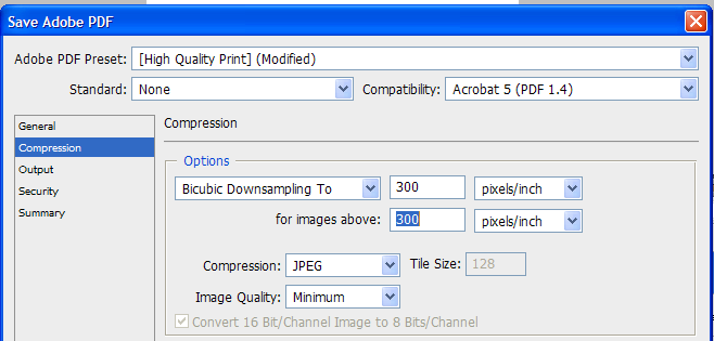 Før du lagrer bildet i PDF bør du ha snakket med trykkeriet og fått deres preferanser i forhold til kvalitet.