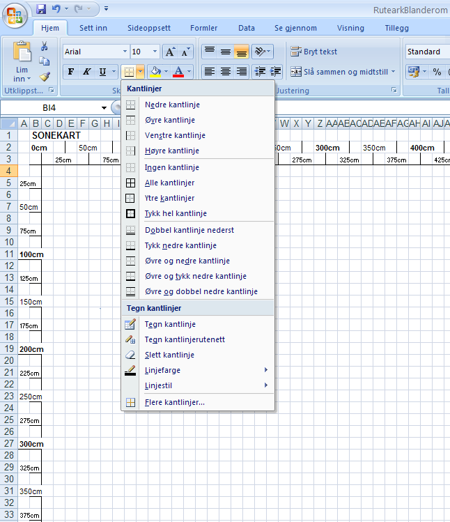 Deretter åpner du Excel verktøyet for tegning av kantlinjer: Med dette verktøyet tegner du et omriss av blanderommet. Rommet er 3 x 4meter.