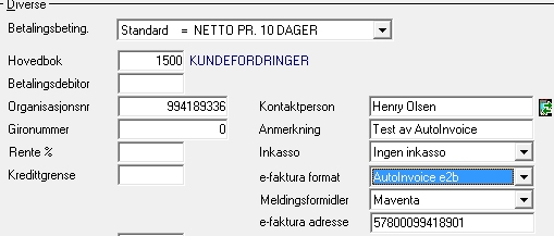 5 - Vedlikehold Kunde I feltet for e-faktura format velger du AutoInvoice e2b for at kunden skal motta e-faktura. Det er også viktig at organisasjonsnummer er utfylt.