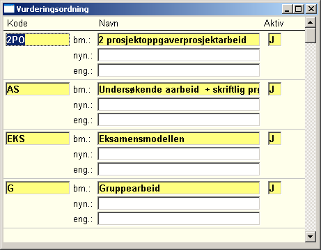 1.3 Kodebilder knyttet til vurderingskombinasjon - 13 - Kodebildene ligger i modulen Koder, de aller fleste av dem under fanen Vurdering. 1.3.1 Vurderingsordning Vurderingsordning kobles til emnet i bilde Vurderingskombinasjon samlebilde.