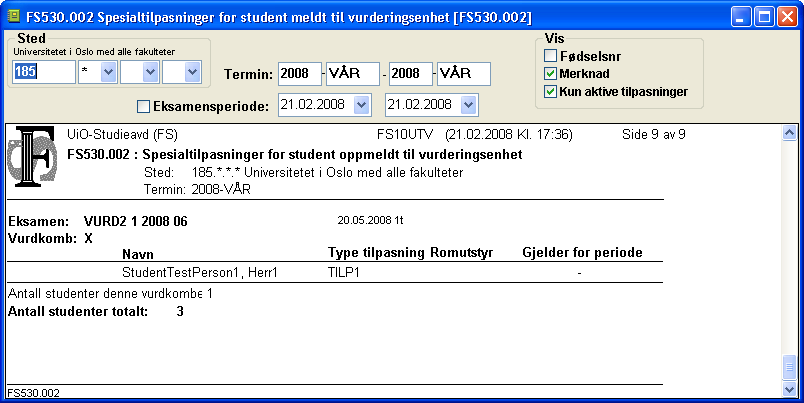 x betyr at informasjonen vises, i angir at informasjon i feltet påvirker om tilpasningen skal komme med i rapporten eller ikke. F.eks. vil ikke en spesialtilpasnig hvor perioden er utgått, komme med.