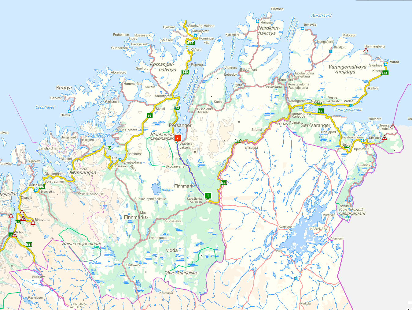 Helse Finnmark HF Rød sirkel = antydning 60 minutter med bil langs landevei