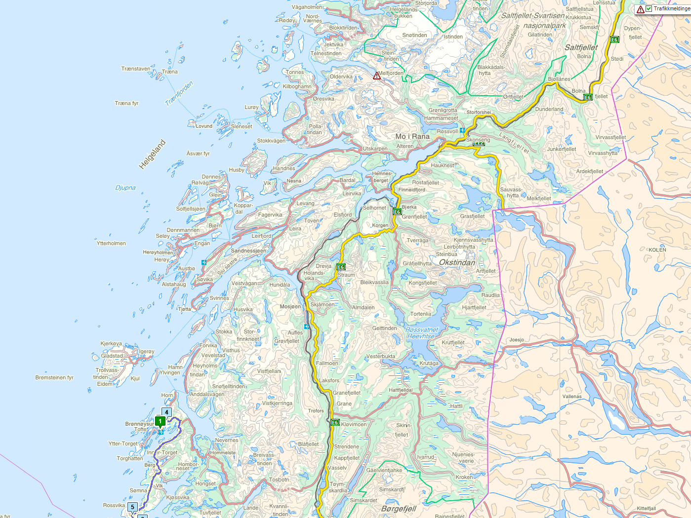 Helgelandssykehuset HF Rød sirkel = antydning 60 minutter med bil langs