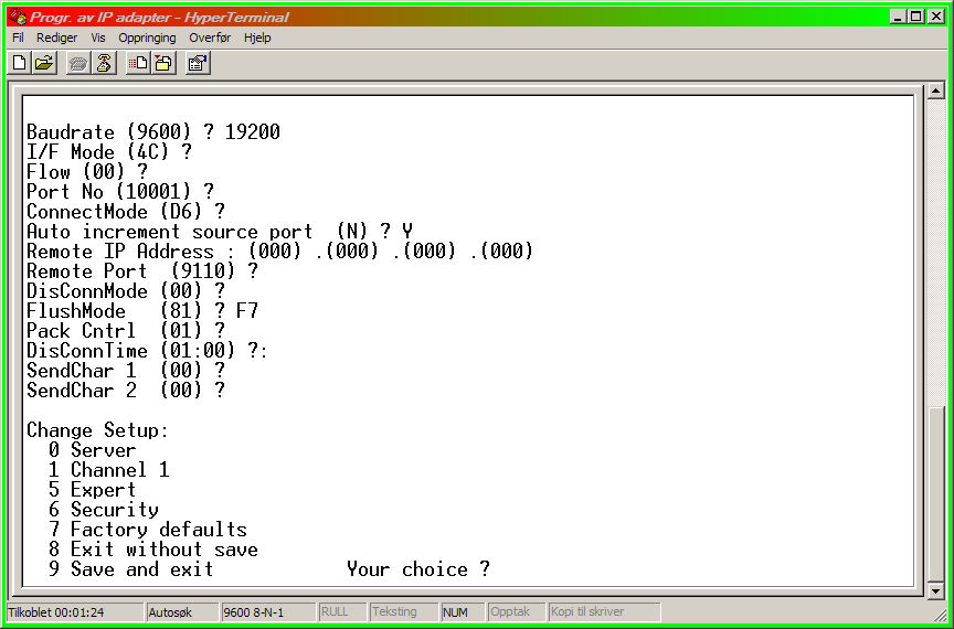 Siden dette var det siste parameteret som måtte endres på dette adapteret, stepper vi oss videre ved å trykke Enter helt frem til Your choice? kommer opp igjen.