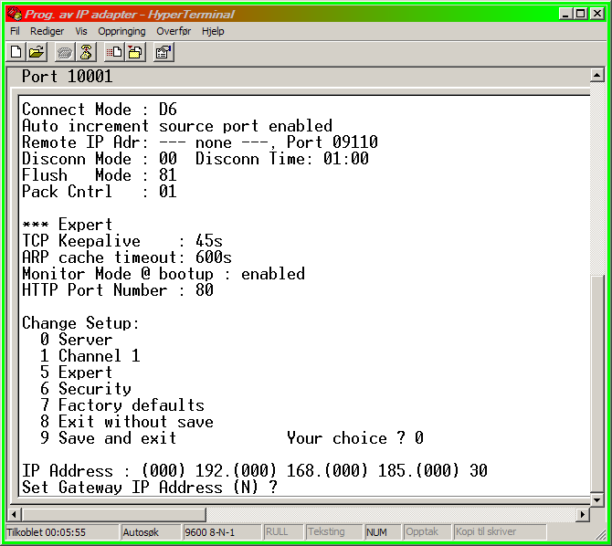 Spørmål om IP Adress: (000) _, kommer opp. Dette er første oktett i IP adressen og vi skriver da inn 192 og trykker Enter.