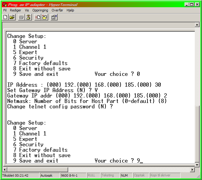 Neste parameter er spørsmål om vi skal endre telnet config passord.