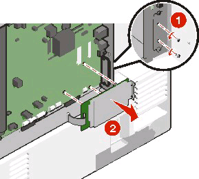 Du kan finne mer informasjon under Tilgang til systemkortet på side 22. 2 Koble harddiskens grensesnittkabel fra systemkortet, men la kabelen være koblet til skriverharddisken.