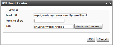 18 Brukerhåndbok for EPiServer OnlineCenter 6 R2 Rev A Gadgeten RSS Feed Reader Gadgeten RSS Feed Reader er et godt eksempel på hvordan du kan bruke gadgeter til å vise RSS-feeder på dashbordet.