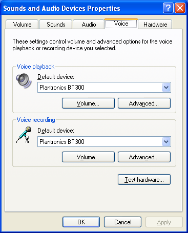 PC-lydoppsett for Windows XP (For å gå til dette skjermbildet: Start > Kontrollpanel> Lyd og lydenheter) Standardinnstilling: Alle PC-lyder og lyd spilles i hodesettet.