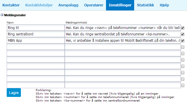 4.5.5. Meldingsmal I underkategorien Meldingsmal er det mulig å legge inn inntil 10 standardmeldinger som kan brukes når operatøren ønsker å sende en SMS og/eller en epost.