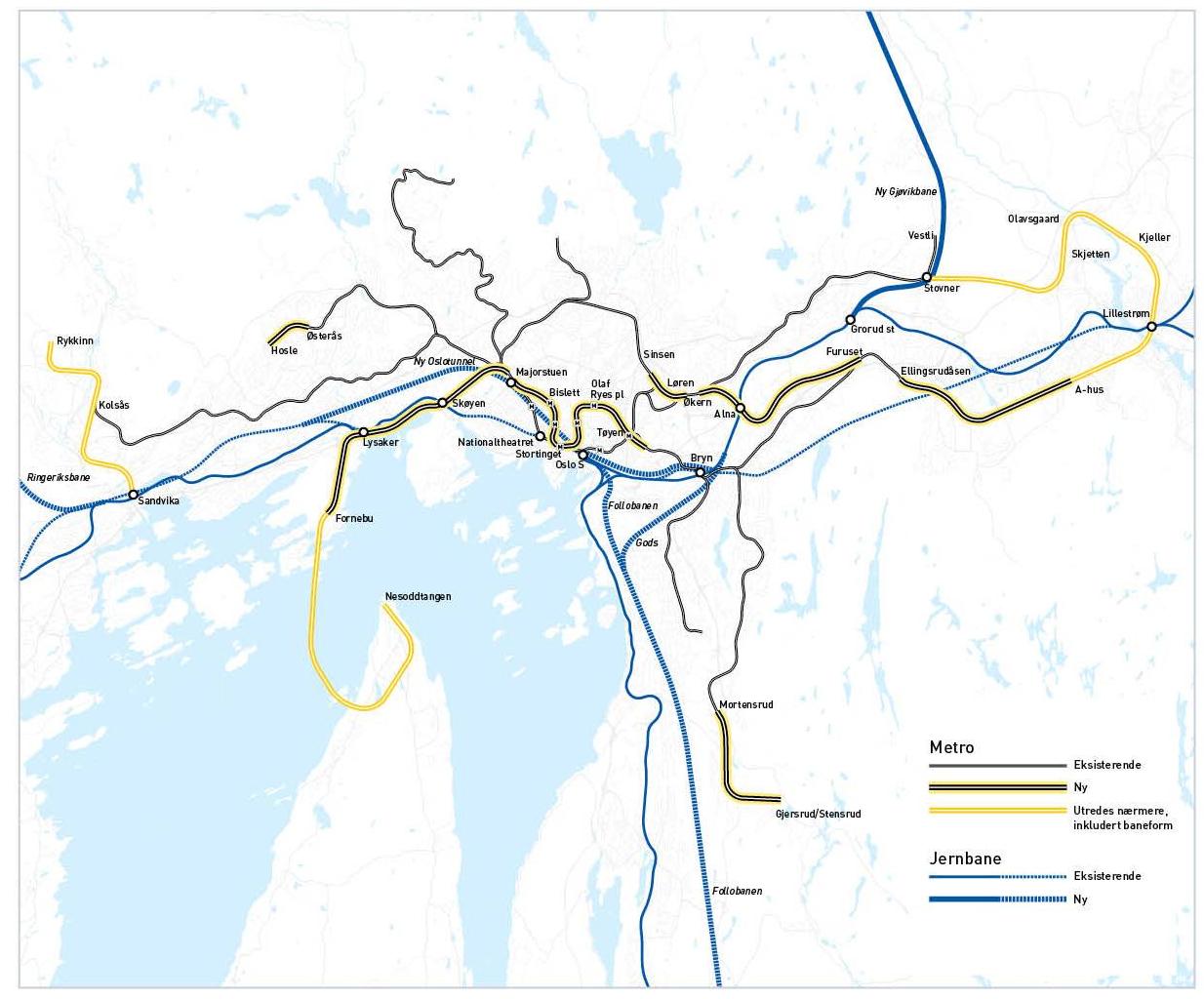 Langsiktig utvikling av jernbane- og metronettet i de sentrale delene av hovedstadsområdet Follobanen Ny sentrumstunnel metro Ny sentrumstunnel jernbane Metro Gjersrud/Stensrud