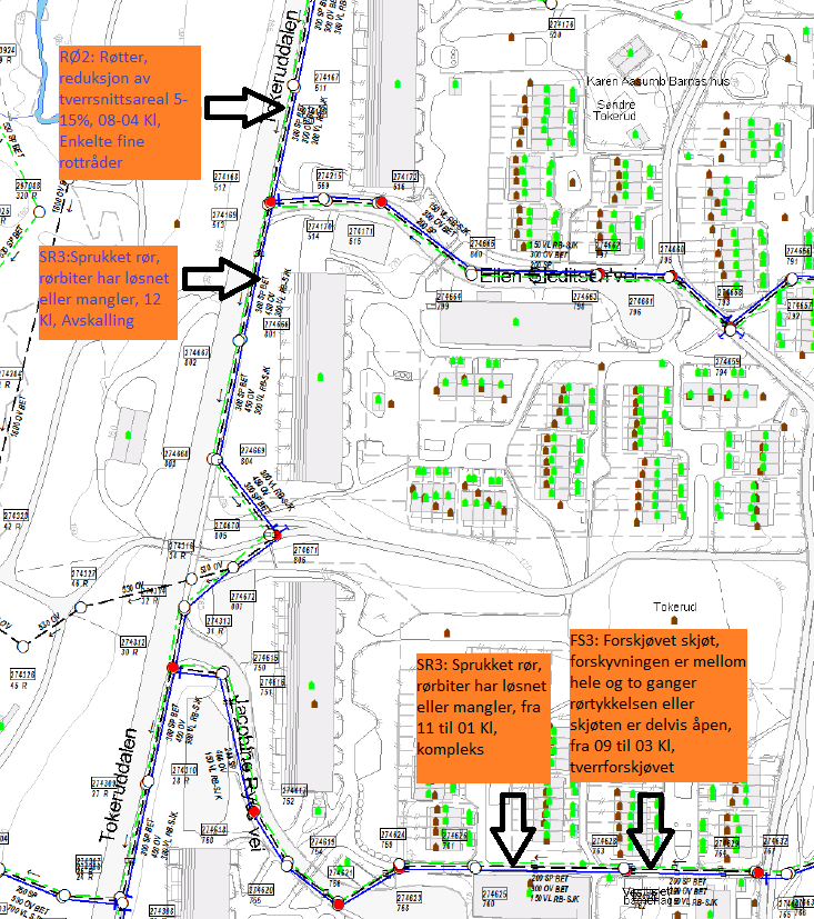 3.5 TV-inspeksjoner TV-kjøringsrapportene som viser funnene presentert her, ligger vedlagt i vedlegg C. 3.5.1 Tidligere inspeksjoner Tidligere TV-inspeksjoner foretatt i Tokeruddalen, Jacobine Byes vei og Fossumveien viste blant annet sprukket rør av alvorlig karakter (SR3) i Tokeruddalen.