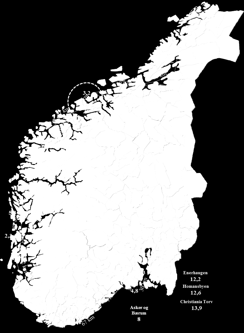 Figur 28: Geografisk analyse av familievernet i region midt, vest, sør og øst De to utsnittene av Norgeskartet viser den regionsvise fordelingen av kontorer, med reiseavstand mellom hovedkontorer og
