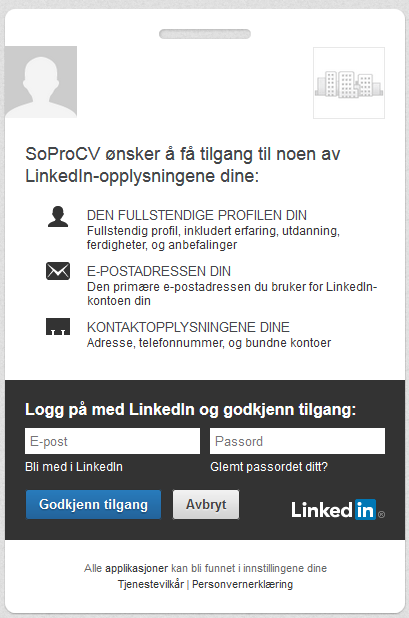 Etter at man har trykket på knappen kommer man inn på en egen innloggingside. Den forteller hvilke opplysninger webapplikasjonen skal ha tilgang til.